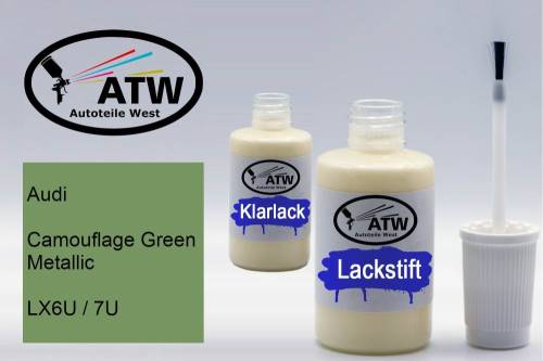 Audi, Camouflage Green Metallic, LX6U / 7U: 20ml Lackstift + 20ml Klarlack - Set, von ATW Autoteile West.